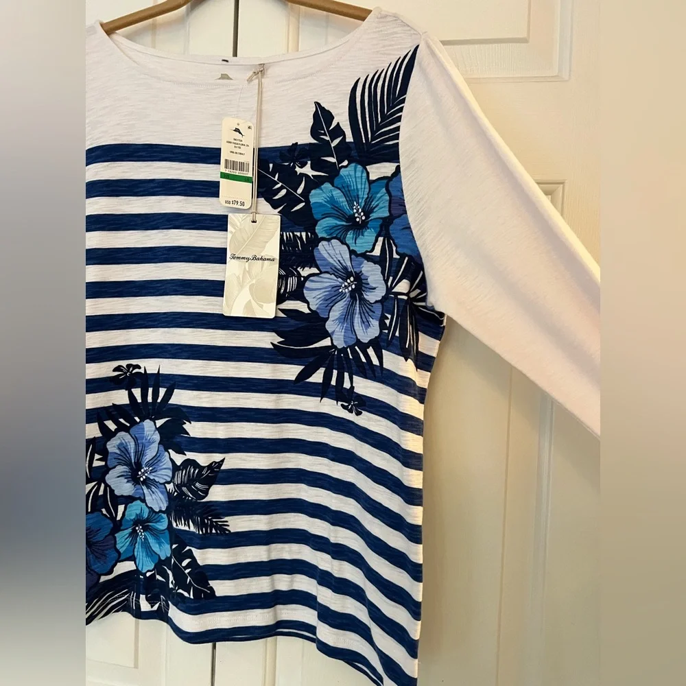 Tommy Bahama Blue and White Floral Striped Long Sleeve Top NWT Size L - Picture 5 of 10